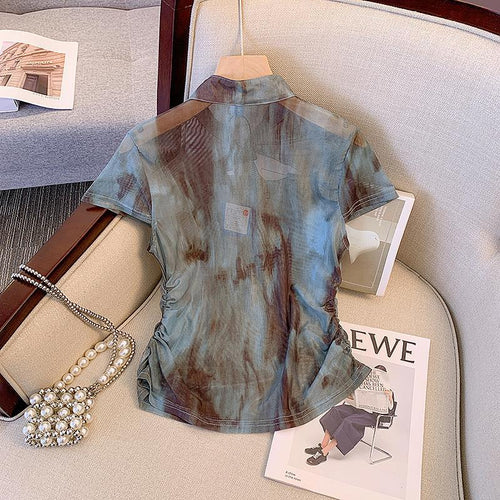 French Tailstock Leaks Women's Original Single Withdrawal New Chinese-style Improved Cheongsam Top Retro Socialite Fan Short-sleeved T-shirt SUN N.