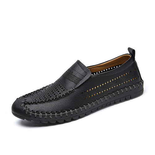 Chaussures Casual Homme Cuir Véritable ajouré cousu main, en cuir respirant et confortable, couleur marron.