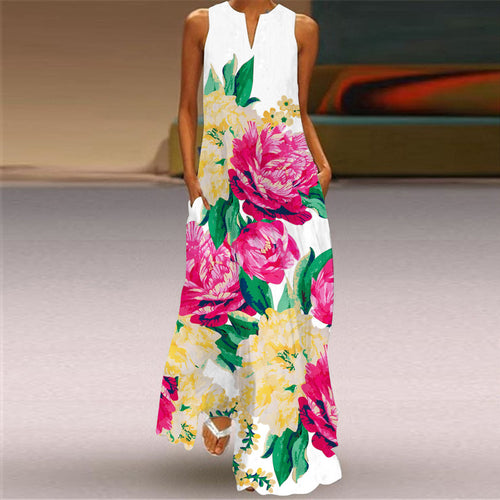 2026 New Summer Women's Sleeveless V-Neck Retro Printed Dress Long Skirt European and American Cross-Border Foreign Trade Women's Clothing SUN N.