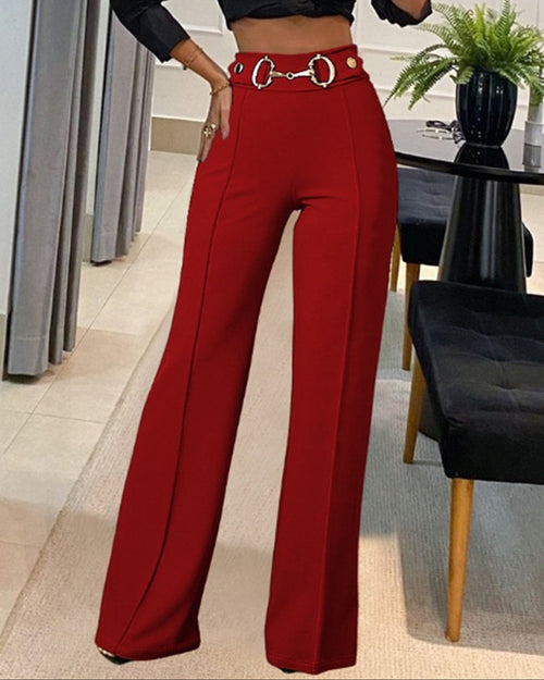 Pantalon droit taille haute – Casual & Couleur Unie en vert, noir et rouge, offrant une coupe flatteuse et moderne.