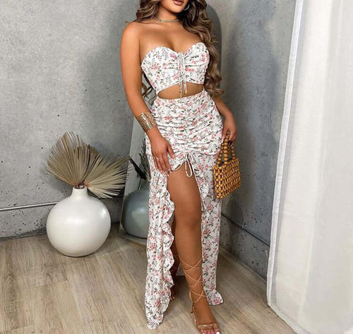 Ensemble 2 pièces robe imprimée à volants en plusieurs couleurs et motifs, sexy et féminin, tendance fashion.