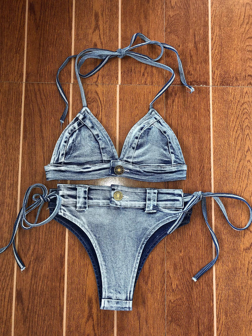 Spice Girls Shown Figure Sexy Denim Bikini Beach suit Ins Vacation Photo Cyber Celebrity Hanging Neck Split Swimsuit SUN N.