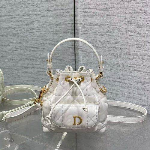 D's Caro Bucket Bag Micro Lambskin Fortune Bucket Rattan Pattern Soft Genuine Leather Women's Bag Fashionable Women's School Bag SUN N.