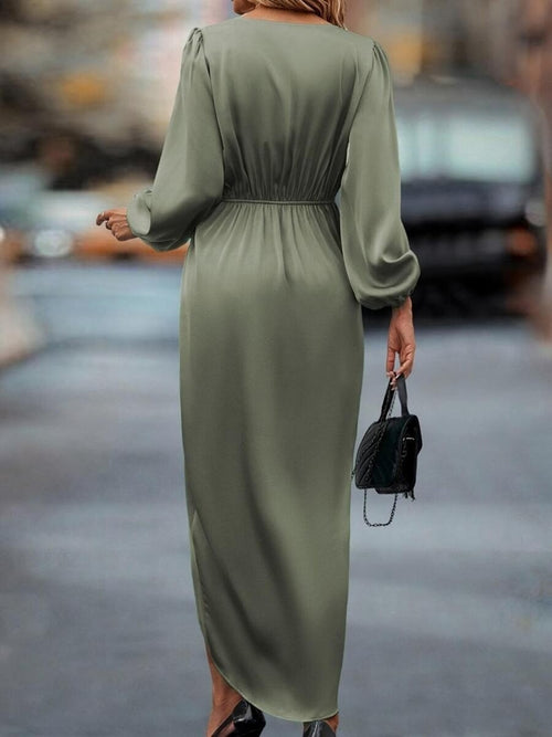 Cross-Border Amazon Women's New Slit Dress Spring and Summer Lantern Sleeve Asymmetrical Long-Sleeved Satin Dress SUN N.