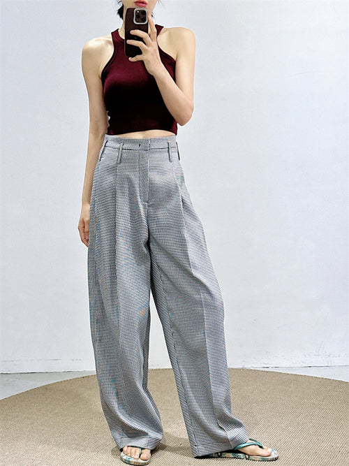 Fan-Favorite: New Spring/Summer Houndstooth Pants for Women, High-Waisted Wide-Leg Pants, Straight Loose Fit, Slimming Suit Pants SUN N.