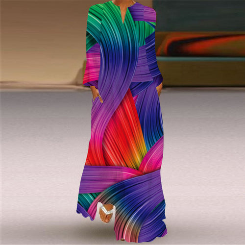 2026 European and American Amazon Spring and Summer New Women's Long Dress V-Neck Long Sleeve Pocket Printed Loose Dress SUN N.