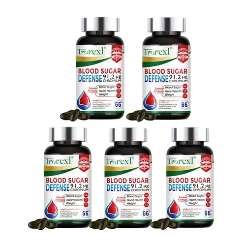 Capsules Soutien de la Glycémie - Métabolisme du Sucre, Trorexil Blood Sugar Defense bottles with capsules.
