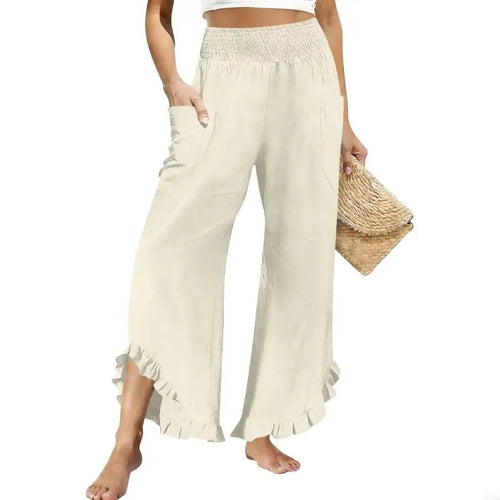 Pantalon Lin Femme  Lino para Mujer recadrée Pantalon en lin femmes été décontracté smocké taille élastique Pantalon à volants avec SUN N.