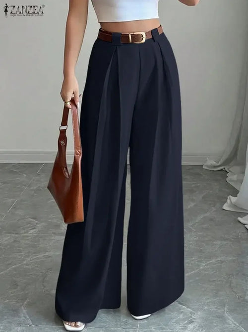 Pantalon Palazzo Femme 2025 ZANZEA mode femmes Pantalon automne taille haute bureau travail Pantalon élégant jambe large Pantalon solide plissé Palazzo Streetwear SUN N.