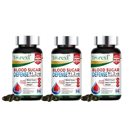 Capsules Soutien de la Glycémie - Métabolisme du Sucre, Trorexil Blood Sugar Defense bottles with capsules.