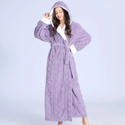 Loose Long Thick Bath Robe Hooded Winter Thick Women Bathrobe Flannel Terry Warm Comfortable Sleepwear for Female Dressing Gown SUN N.