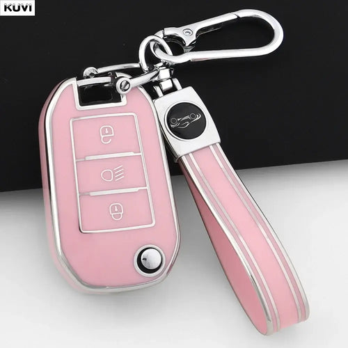 Coque Clé TPU Peugeot pour clé de voiture pliable avec design élégant en rose, offrant protection et style.