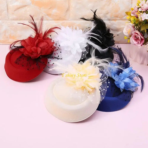 Fascinator Femme à Voile : Fascinator pour femme, chapeau de cocktail, chapeau de fête, coiffe de mariage ou d'église avec voile, fleur et plume SUN N.