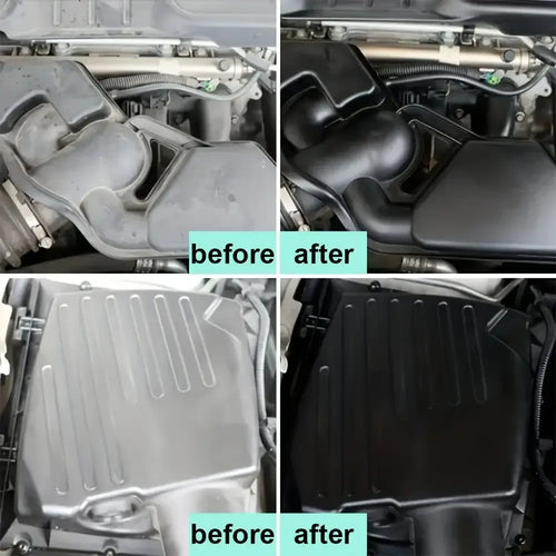 Comparative image showing 'Before' and 'After' results of using Nettoyeur de Compartiment Moteur for a clean engine bay.