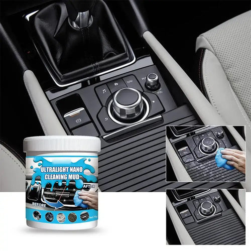 Avant et après l’utilisation du Gel Nettoyant Nano Universe sur les grilles d’aération de voiture, démontrant une élimination efficace de la poussière.