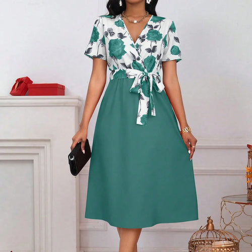 Robe Midi Florale Col en V – Taille Nouée, Patchwork Rose, Coupe Trapèze SUN N.