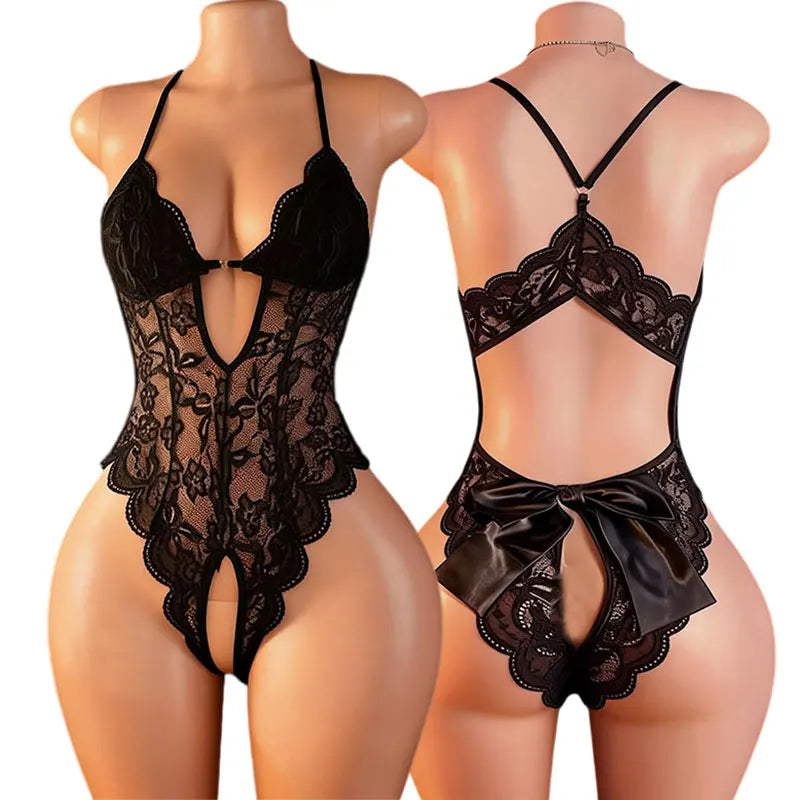 Body Dentelle Femme - Sexy white lace lingerie with a bow, designed for sensual elegance.