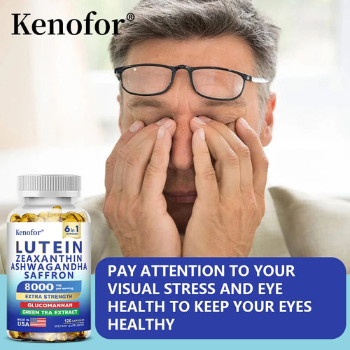 Supplément Lutéine & Zéaxanthine en capsules, enrichi en glucomannane et Ashwagandha pour la santé des yeux.