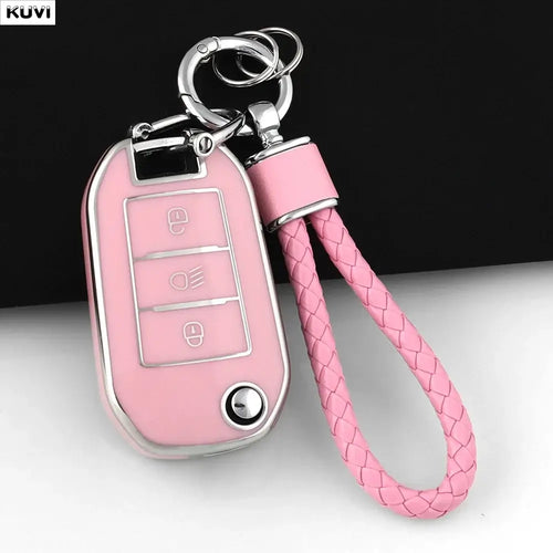 Coque Clé TPU Peugeot pour clé de voiture pliable avec design élégant en rose, offrant protection et style.
