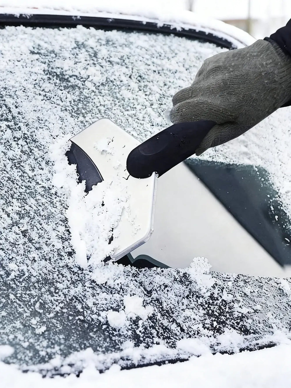 A person using a Grattoir à Glace & Brosse à Neige Universel to clear snow from a car windshield.