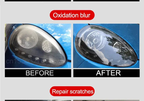 Comparative image of headlight restoration using Kit Restauration & Polissage Phares – Pâte Rénovatrice showing before and after results.