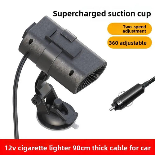 Chauffage Voiture 12V avec support ventouse pour dégivrage et désembuage rapide sur le tableau de bord.
