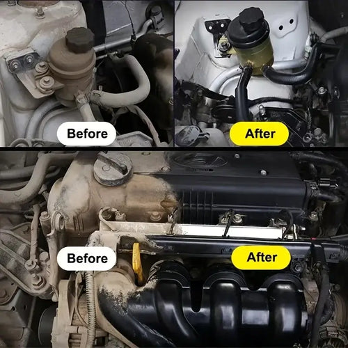 Comparative image showing 'Before' and 'After' results of using Nettoyeur de Compartiment Moteur for a clean engine bay.