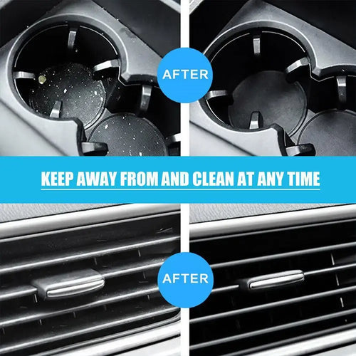 Avant et après l’utilisation du Gel Nettoyant Nano Universe sur les grilles d’aération de voiture, démontrant une élimination efficace de la poussière.