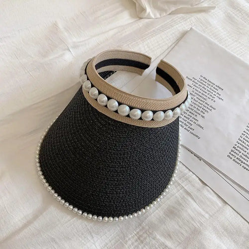 Chapeau de Soleil Raphia à large bord décoré de perles pour femmes, idéal pour l'été et la protection solaire.