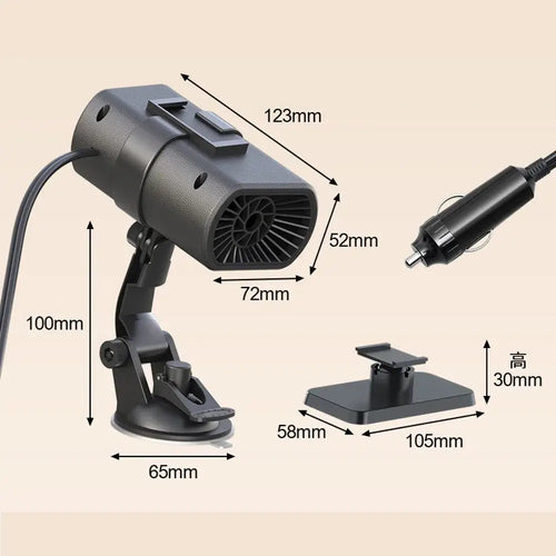 Chauffage Voiture 12V avec support ventouse pour dégivrage et désembuage rapide sur le tableau de bord.