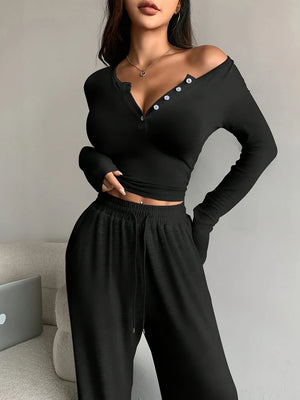 Women Pajama Set Long Sleeve Crop Top and Pants Sleepwear