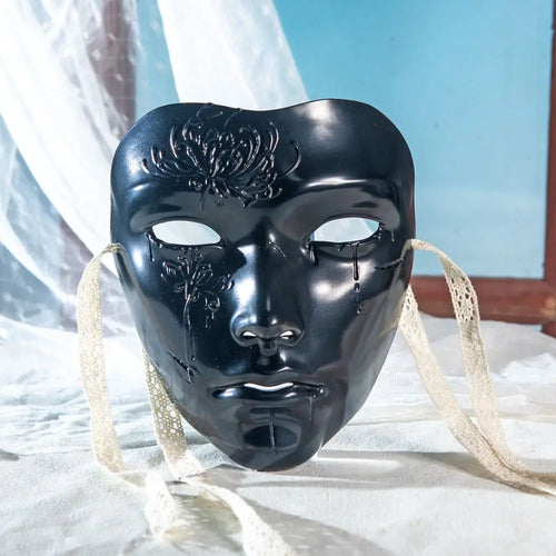 Masque Cyberpunk homme en or brillant avec des lacets pour le cosplay et les événements thématiques.