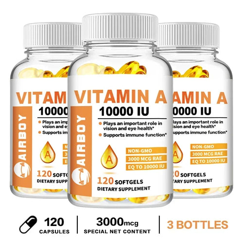 Vitamine A 10 000 UI dietary supplement bottle with non-GMO, gluten-free, and dairy-free labels.