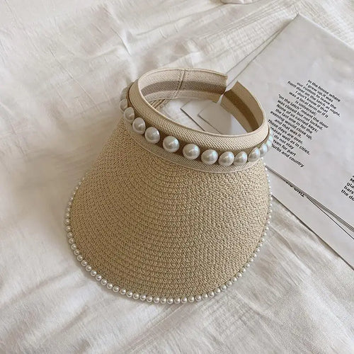 Chapeau de Soleil Raphia à large bord décoré de perles pour femmes, idéal pour l'été et la protection solaire.
