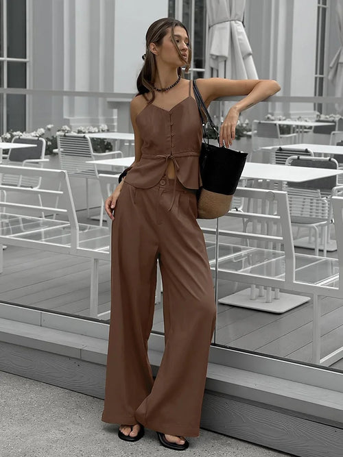 Ensemble Bureau Femme 2 Pièces Ensemble pantalon de bureau pour femme Mueyaruho, collection été 2026, couleur beige unie, ensemble deux pièces à jambes larges pour femme SUN N.