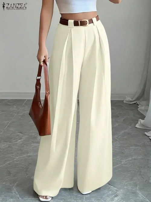Pantalon Palazzo Femme 2025 ZANZEA mode femmes Pantalon automne taille haute bureau travail Pantalon élégant jambe large Pantalon solide plissé Palazzo Streetwear SUN N.