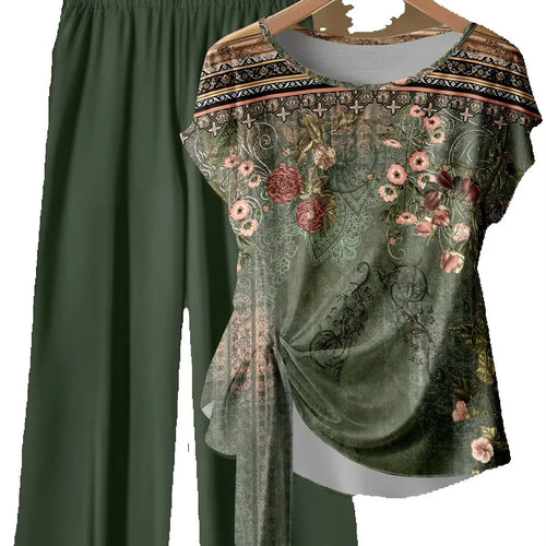 Ensemble 2 Pièces Été Femme – Haut Floral Torsadé & Pantalon Large Style Ethnique SUN N.