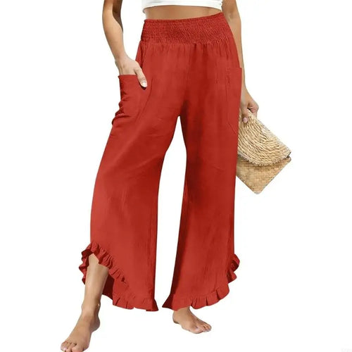 Pantalon Lin Femme n Lino para Mujer recadrée Pantalon en lin femmes été décontracté smocké taille élastique Pantalon à volants avec SUN N.