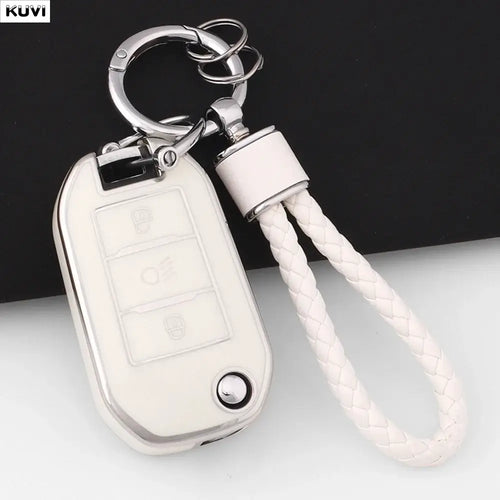 Coque Clé TPU Peugeot pour clé de voiture pliable avec design élégant en rose, offrant protection et style.