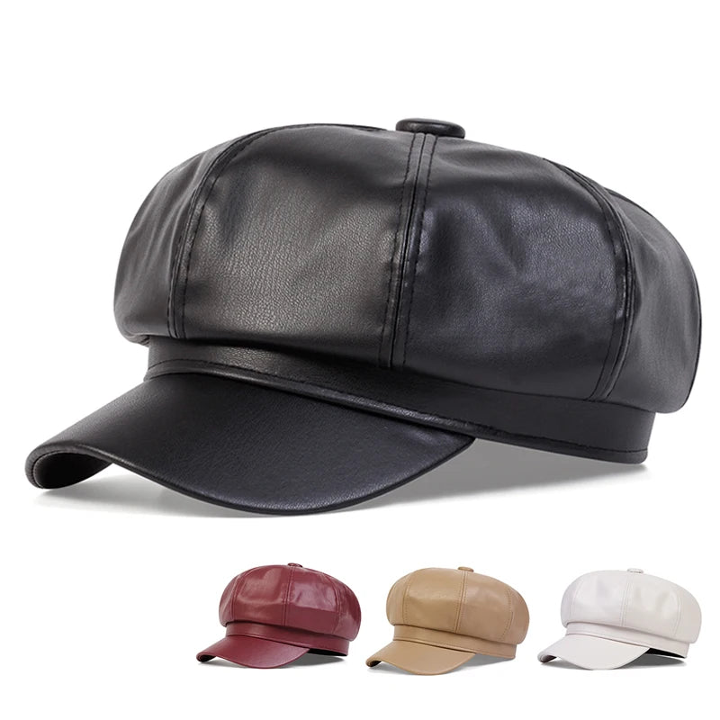Casquette militaire octogonale en cuir PU - Chapeau unisexe à dessus plat - Casquette de cadet avec protection solaire pour homme et femme SUN N.