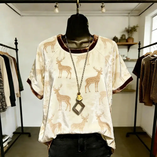 T-shirt femme imprimé animal avec un design de lapin en velours, coupe ample et élégante, parfaite pour un look décontracté.