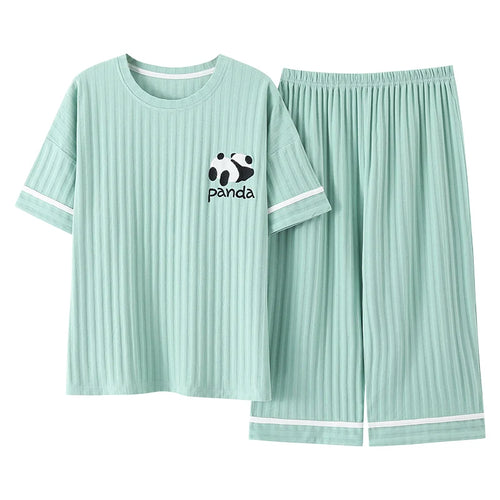 Animal Panda Women Pajamas Sets Summer Knit Cotton Sleepwear Short Sleeve Cropped Trousers Pyjamas Female Home Suit M-5XL SUN N.