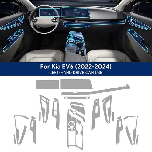 Film de Protection TPU Transparent installation in KIA EV6, showing customized fit for the interior for 2022-2024 models.