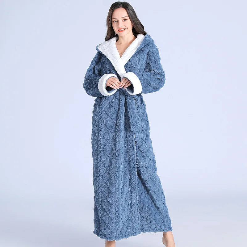 Loose Long Thick Bath Robe Hooded Winter Thick Women Bathrobe Flannel Terry Warm Comfortable Sleepwear for Female Dressing Gown SUN N.
