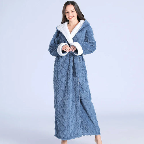 Loose Long Thick Bath Robe Hooded Winter Thick Women Bathrobe Flannel Terry Warm Comfortable Sleepwear for Female Dressing Gown SUN N.