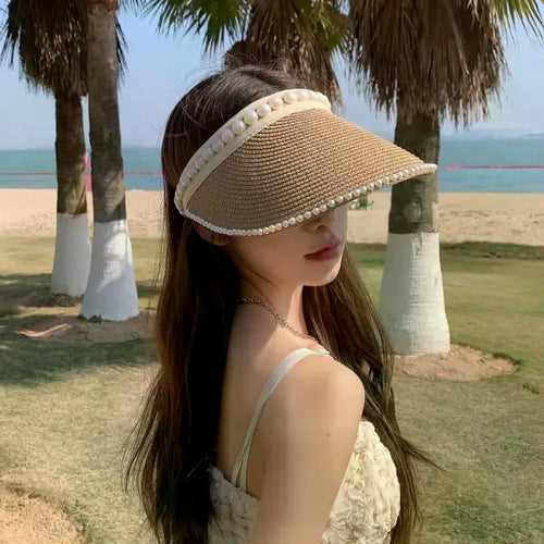 Chapeau de Soleil Raphia à large bord décoré de perles pour femmes, idéal pour l'été et la protection solaire.