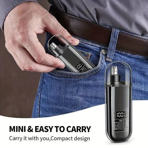 Nose hair trimmer for men with USB C fast charging, featuring precision blades for easy grooming.