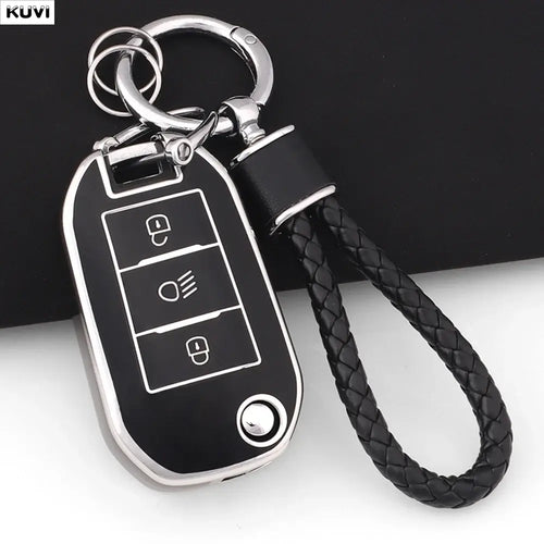 Coque Clé TPU Peugeot pour clé de voiture pliable avec design élégant en rose, offrant protection et style.