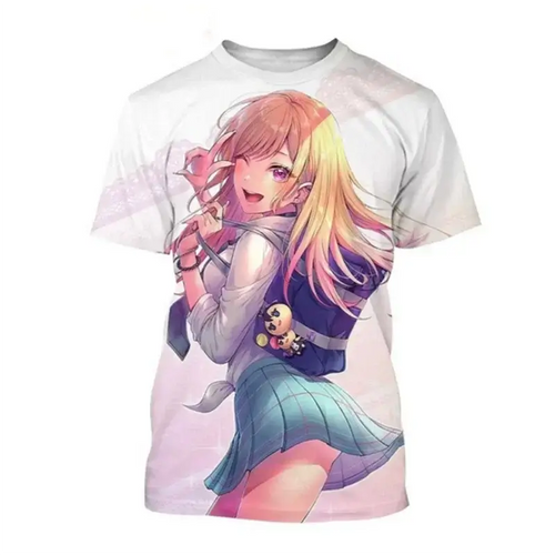 T-shirt anime graphique 3D featuring a cheerful character making peace signs with vibrant colors.