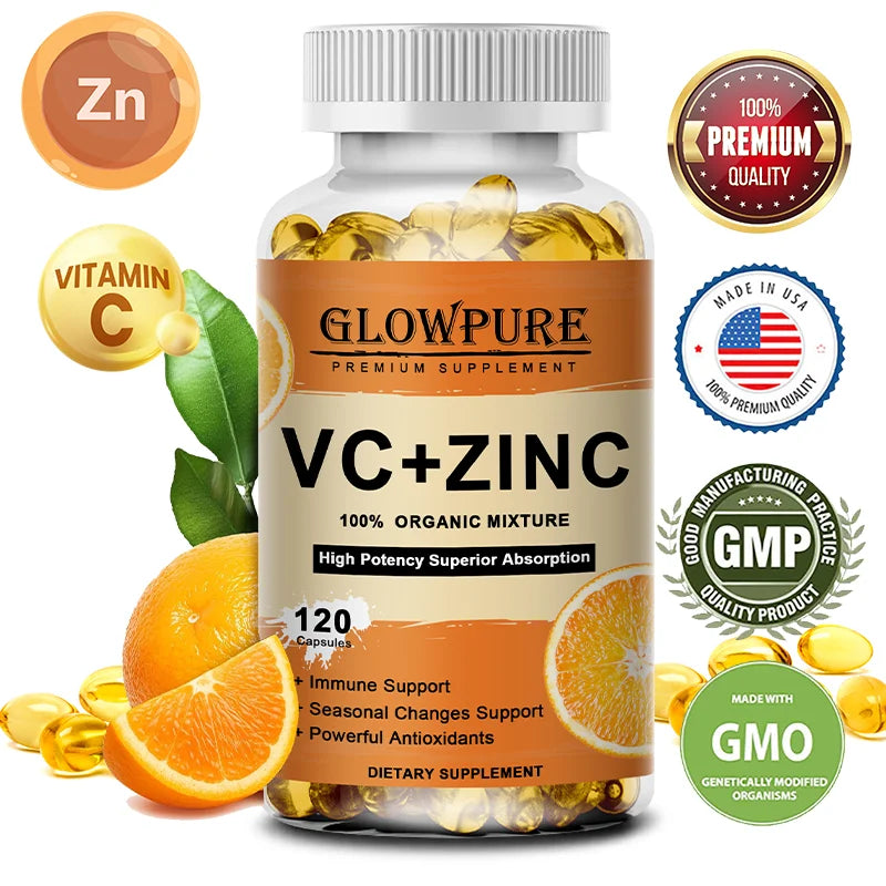 Complément Vitamine C & Zinc - Flacon de supplément avec un homme souriant au milieu des oranges.